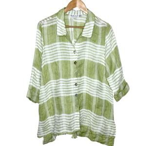 Habitat Striped Linen Top Green Womens Small Button Up Lagenlook Coastal